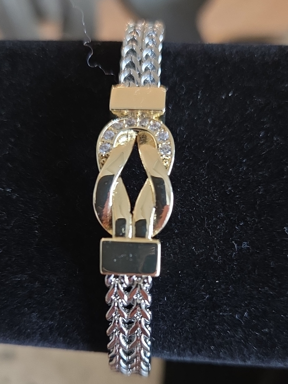 Silver Chain Bracelet with Gold Center Station and Genuine CZ Pave Accents, NEW